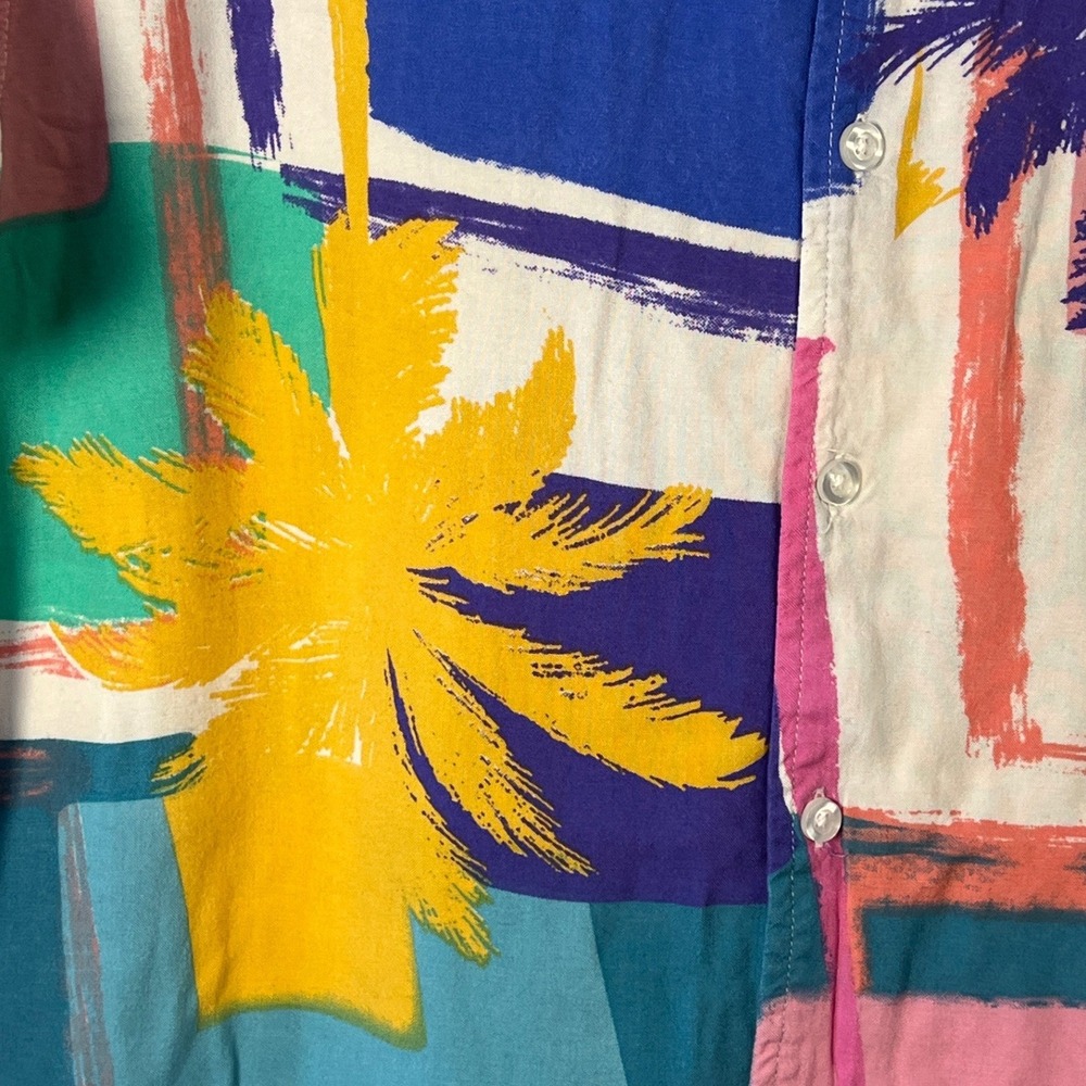 VSTR Mens Colorful Yellow Blue Tropical Button Up Shirt Vacation 90s Retro Large - Picture 2 of 5